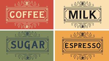 wijnoogst koffie etiket teken vector grafisch SVG ontwerp voor koffie winkel, merk, bar, huis. etiketten inbegrepen zijn koffie, melk, espresso, suiker.