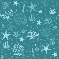 naadloos achtergrond van hand- getrokken zee schelpen en sterren. marinier illustratie van schelpdieren. vector