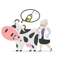 zieke koe die op het punt staat ingeënt te worden door een dierenarts vector