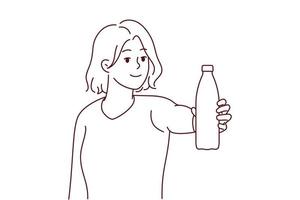 glimlachen jong vrouw houden fles van water adviseren drinken Doorzichtig schoon aqua. gelukkig vrouw maken aanbeveling voor gezond levensstijl. vector illustratie.