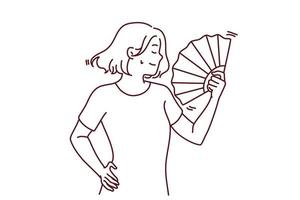 jong vrouw lijden van heet weer Golf met hand- fan. onwel vrouw worstelen met zonnesteek gebruik wankelen voor vers lucht. vector illustratie.