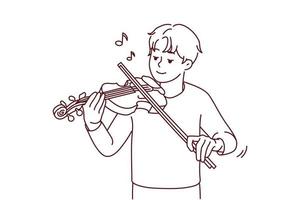 gelukkig jong Mens spelen Aan viool genieten van muziek. glimlachen vent Speel Aan musical instrument. hobby en amusement. vector illustratie.