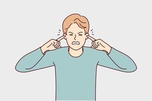 ongelukkig jong Mens Hoes oren lijden van ondraaglijk lawaai. van streek benadrukt vent dichtbij oren voelen dwars zitten en geërgerd met geluid. vector illustratie.