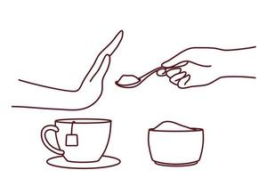 persoon zeggen Nee naar suiker in thee of koffie. Mens of vrouw maken hand- gebaar weigeren van zoet additieven volgen gezond levensstijl. vector illustratie.