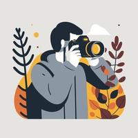 illustratie van fotograaf houden camera met bloemen achtergrond vlak kleur stye vector