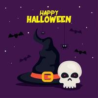 gelukkig halloween banier met hoed heks, vleermuizen, spin en schedel vector