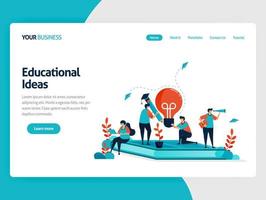 ideeën en inspiratie bij leren en onderwijs. mensen die op boeken zitten. modern online leren. gloeilamp en potlood. onderwijs bedrijf. illustratie voor visitekaartje, banner, brochure, flyer vector