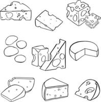 kaas vlak lijn pictogrammen set. parmezaan, Mozzarella, nederlands, ricotta, boter, blauw kaas stuk illustraties. schets tekens voor zuivel Product op te slaan. vector