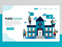 vectorillustratie voor de bestemmingspagina van het onderwijs. openbare schoolgebouwen en werkplek, online onderwijsbeurs, modern leren, e-learning trainingsplatform. homepage header webpagina-sjabloon vector