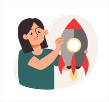 een vrouw lanceert een raket. de concept van een bedrijf idee, beginnen, organisatie, brainstormen. vector illustratie vlak geïsoleerd