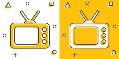 TV icoon in grappig stijl. televisie tekenfilm teken vector illustratie Aan wit geïsoleerd achtergrond. video kanaal plons effect bedrijf concept.