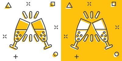 Champagne glas icoon in grappig stijl. alcohol drinken vector tekenfilm illustratie Aan wit geïsoleerd achtergrond. cocktail plons effect bedrijf concept.