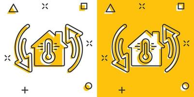 thermometer huis icoon in grappig stijl. huis klimaat controle tekenfilm vector illustratie Aan wit geïsoleerd achtergrond. heet, verkoudheid temperatuur plons effect bedrijf concept.