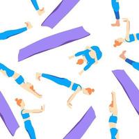 yoga poses met mat naadloos patroon behang. gember Europese vrouw vrouw meisje. vector illustratie in tekenfilm vlak stijl geïsoleerd Aan wit achtergrond.