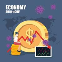 economische impact tegen 2019 ncov met zakenvrouw en iconen vector