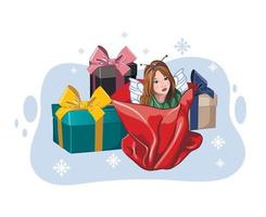 schattig meisje met fee Vleugels in een geschenk zak met een berg van geschenken. nieuw jaar tekening. vector illustratie