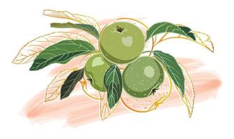 samenstelling van groen appels met bladeren, gouden schets, Aan een gekleurde achtergrond vector