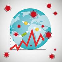 planeet aarde met covid19-deeltjes en statistiekenpijlen in munten vector