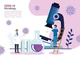 microbiologie voor covid 19 met pictogrammen van het personeel en de geneeskunde vector