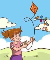 meisje vliegend een vlieger tekenfilm vector
