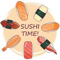 vector illustratie van sushi nigiri reeks tegen oranje cirkel achtergrond met belettering sushi tijd. cafe poster, uithangbord, Aziatisch keuken menu decoratie, banier ontwerp