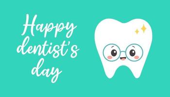 tandarts dag poster. glimmend schattig tekenfilm tand lachend. professioneel wereld en nationaal vakantie van stomatoloog. vector