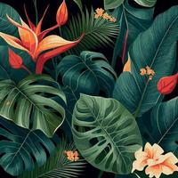 groen tropisch Woud achtergrond monstera bladeren, palm bladeren, takken. exotisch planten achtergrond voor banier, sjabloon, decor, ansichtkaart. abstract gebladerte en botanisch behang - vector