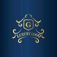 luxe logo sjabloon met gouden kleur en donker blauw achtergrond vector