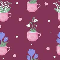 naadloos patroon. voorjaar boeket bloemen van sneeuwklokje, mei lelies van de vallei en Purper krokussen in cups Aan magenta achtergrond. vector illustratie voor decor, ontwerp, verpakking, behang, textiel.