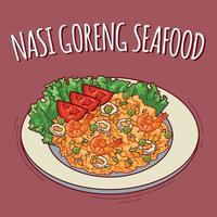 nasi goreng zeevruchten illustratie Indonesisch voedsel met tekenfilm stijl vector