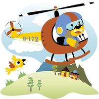 schattig beer Aan helikopter met weinig vogel vliegend aan de overkant dorp, vector tekenfilm illustratie