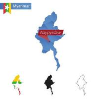 Myanmar blauw laag poly kaart met hoofdstad naypyidaw. vector