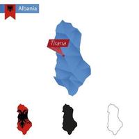 Albanië blauw laag poly kaart met hoofdstad Tirana. vector