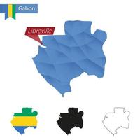 Gabon blauw laag poly kaart met hoofdstad libreville. vector