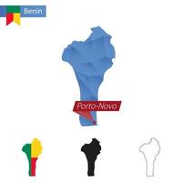 Benin blauw laag poly kaart met hoofdstad porto-novo. vector