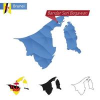 Brunei blauw laag poly kaart met hoofdstad bandar seri begawan. vector
