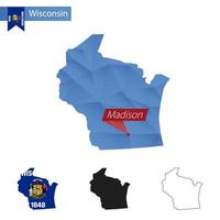 staat van Wisconsin blauw laag poly kaart met hoofdstad madison. vector