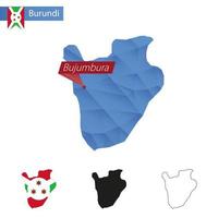 Burundi blauw laag poly kaart met hoofdstad bujumbura. vector