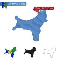 Kerstmis eiland blauw laag poly kaart met hoofdstad vliegend vis inham. vector