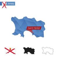 Jersey blauw laag poly kaart met hoofdstad heilige helier. vector