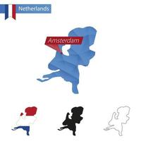 Nederland blauw laag poly kaart met hoofdstad Amsterdam. vector