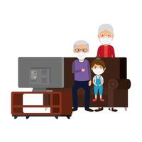 grootouders met kleindochter met gezichtsmasker tv kijken vector