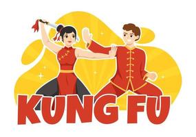 kung fu illustratie met mensen tonen Chinese sport krijgshaftig kunst in vlak tekenfilm hand- getrokken voor web banier of landen bladzijde Sjablonen vector