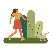 jonge vrouw wandelen met hond vector