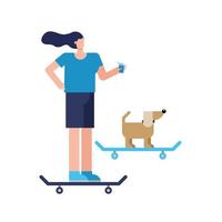 jonge vrouw en hond op skateboards vector