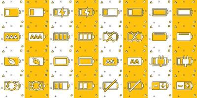 accu in rekening brengen icoon reeks in grappig stijl. macht niveau tekenfilm vector illustratie Aan wit geïsoleerd achtergrond. lithium accumulator plons effect bedrijf concept.