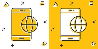 wereldbol smartphone icoon in grappig stijl. mobiel telefoon plaats tekenfilm vector illustratie Aan wit geïsoleerd achtergrond. bestemming plons effect bedrijf concept.