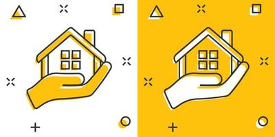 huis zorg icoon in grappig stijl. hand- houden huis vector tekenfilm illustratie Aan wit geïsoleerd achtergrond. gebouw kwaliteit bedrijf concept plons effect.