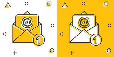 mail envelop icoon in grappig stijl. e-mail bericht vector tekenfilm illustratie pictogram. postbus e-mail bedrijf concept plons effect.