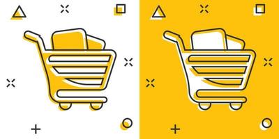 boodschappen doen kar icoon in grappig stijl. trolley tekenfilm vector illustratie Aan wit geïsoleerd achtergrond. mand plons effect bedrijf concept.